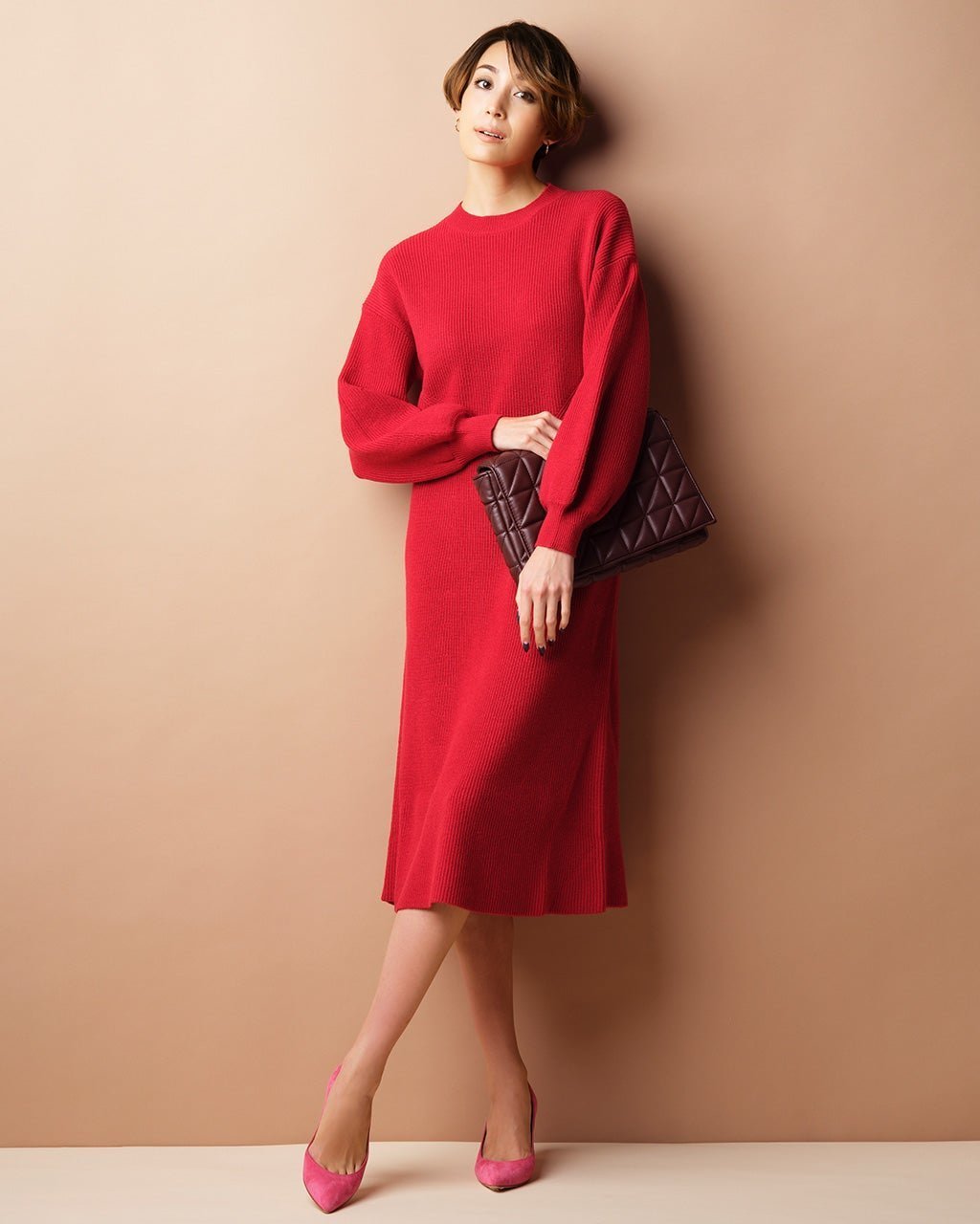 【ドゥクラッセ/DoCLASSE】の片畦編み・パフスリーブワンピース インテリア・キッズ・メンズ・レディースファッション・服の通販 founy(ファニー) 　ファッション　Fashion　レディースファッション　Fashion for Women　ワンピース　Dresses　スリーブ　Sleeve, Long Sleeve / Short Sleeve　フィット　Fit, Slim Fit　フレア　Flare, Flared　畦　Ribbed Knit　レッド|ID: prp329100004934779 ipo3291000000037035389