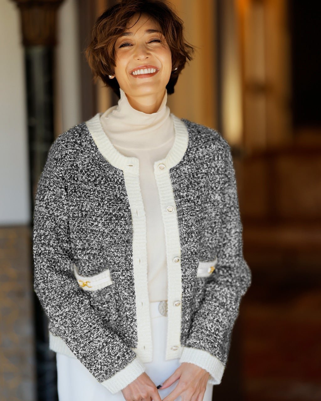 【ドゥクラッセ/DoCLASSE】の2WAY・鹿の子ニットジャケット インテリア・キッズ・メンズ・レディースファッション・服の通販 founy(ファニー) 　ファッション　Fashion　レディースファッション　Fashion for Women　イエロー　Yellow　カーディガン　Cardigan, Knitwear　ジャケット　Jacket, Outerwear　スパンコール　Sequins, Sequin Embellishment　チェーン　Chain, Chain Strap　ポケット　Pocket, Pocket Detail　ミックス　Mix, Mixed Style　メタル　Metal, Metal Parts　エレガント 上品　Elegant　鹿の子　Piqué, Kanoko Fabric　ブラック|ID: prp329100004934878 ipo3291000000037035726