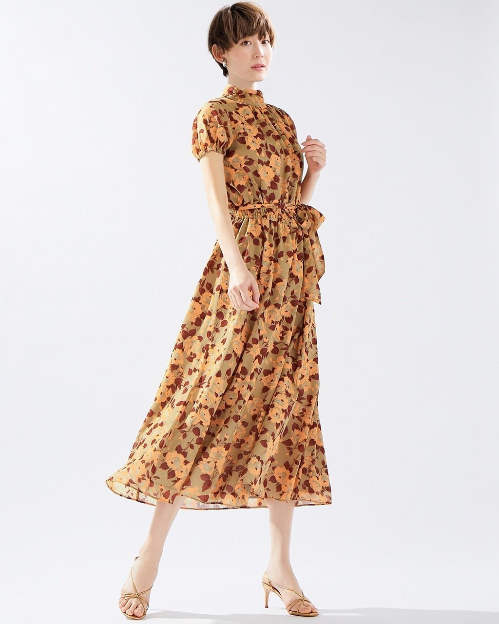 【ドゥクラッセ/DoCLASSE】の楊柳ジョーゼット・ギャザーネックワンピース インテリア・キッズ・メンズ・レディースファッション・服の通販 founy(ファニー) 　ファッション　Fashion　レディースファッション　Fashion for Women　ワンピース　Dresses　サンダル　Sandals, Summer Shoes　ジャケット　Jacket, Outerwear　ジョーゼット　Georgette, Semi-Sheer Fabric　プリント　Print, Printed Pattern　リボン　Ribbon, Bow　夏　Summer　ベージュ・パターン|ID: prp329100004935005 ipo3291000000037036186