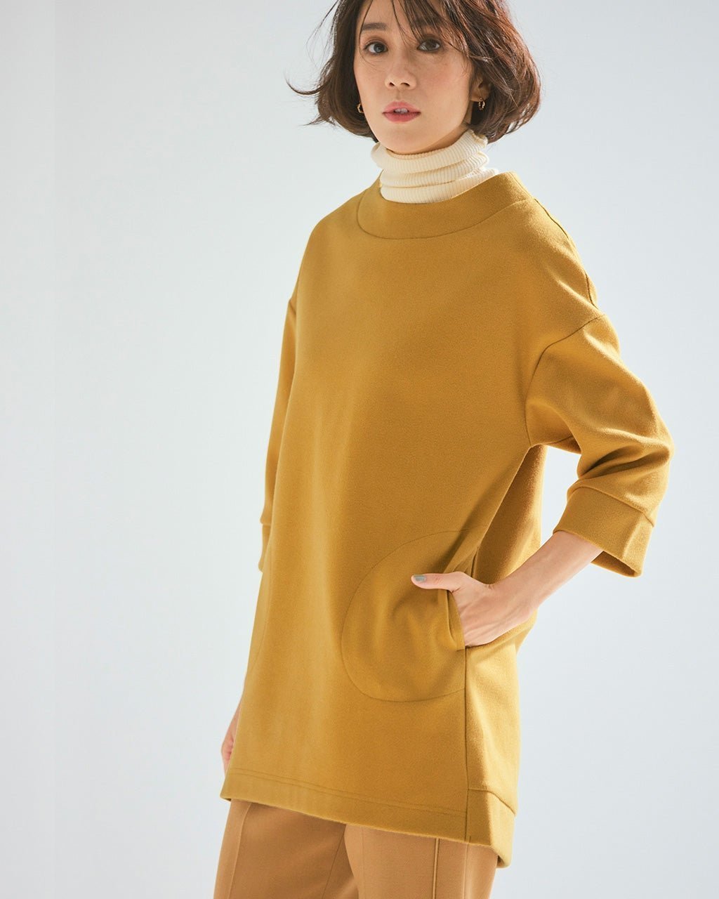 【ドゥクラッセ/DoCLASSE】の両面編み起毛カットソー・フォルムチュニック インテリア・キッズ・メンズ・レディースファッション・服の通販 founy(ファニー) 　ファッション　Fashion　レディースファッション　Fashion for Women　トップス・カットソー　Cut & Sew Tops　カットソー・ベーシックTシャツ　Cut-and-Sewn Tops / Stretch Tees & Basics　カットソー　Cut and Sewn Top　ストレッチ　Stretch, Stretchy Fabric　チュニック　Tunic, Long Top　フォルム　Silhouette, Form　人気　Popular, Best Seller　洗える　Machine Washable　マスタード|ID: prp329100004956650 ipo3291000000037192400