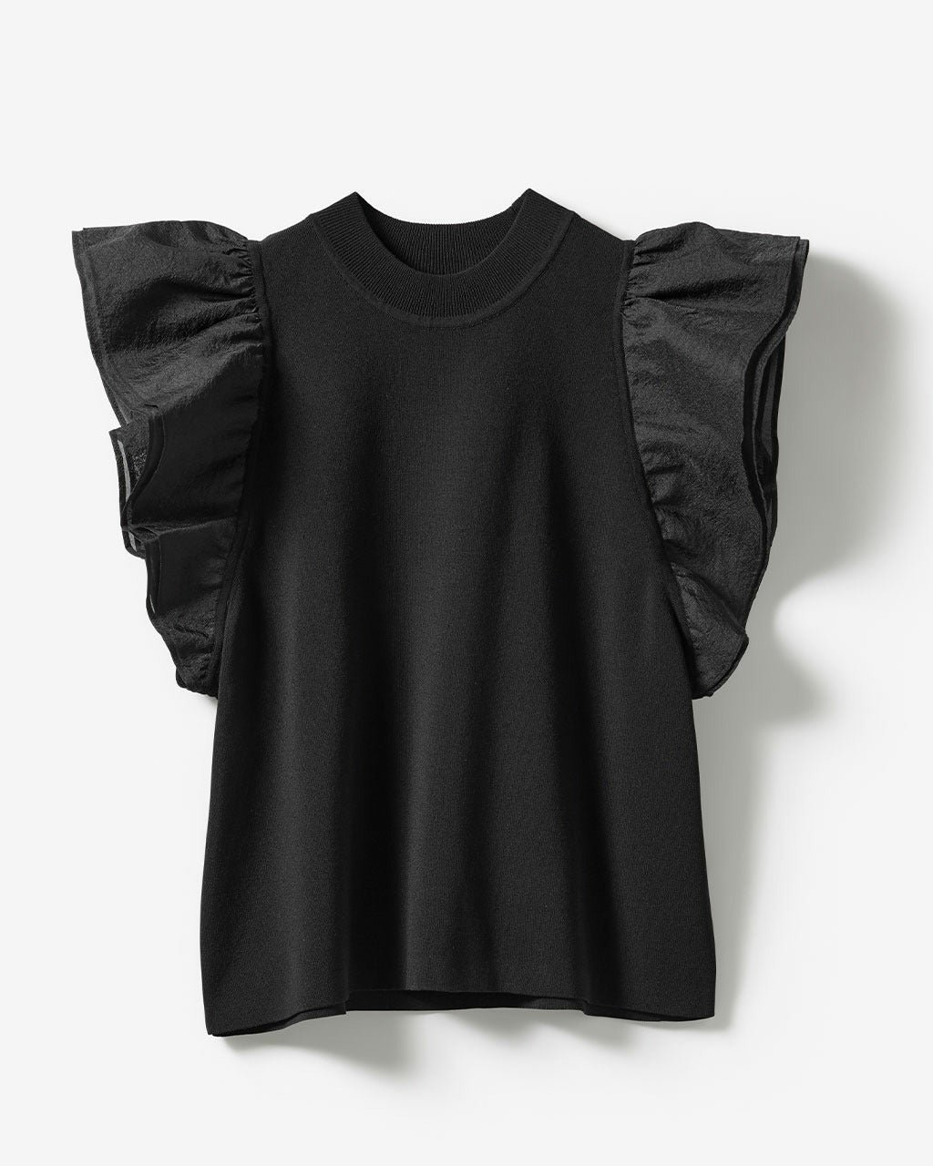 【ドゥクラッセ/DoCLASSE】の異素材使い・袖フリルニット インテリア・キッズ・メンズ・レディースファッション・服の通販 founy(ファニー) 　ファッション　Fashion　レディースファッション　Fashion for Women　トップス・カットソー　Cut & Sew Tops　ニット　Knit Tops & Sweaters　新作・新入荷　New Arrivals / New In　シアー　Sheer, See-Through　フリル　Frill, Ruffle　リネン　Linen, Linen Fabric　ブラック|ID: prp329100004963465 ipo3291000000037236519