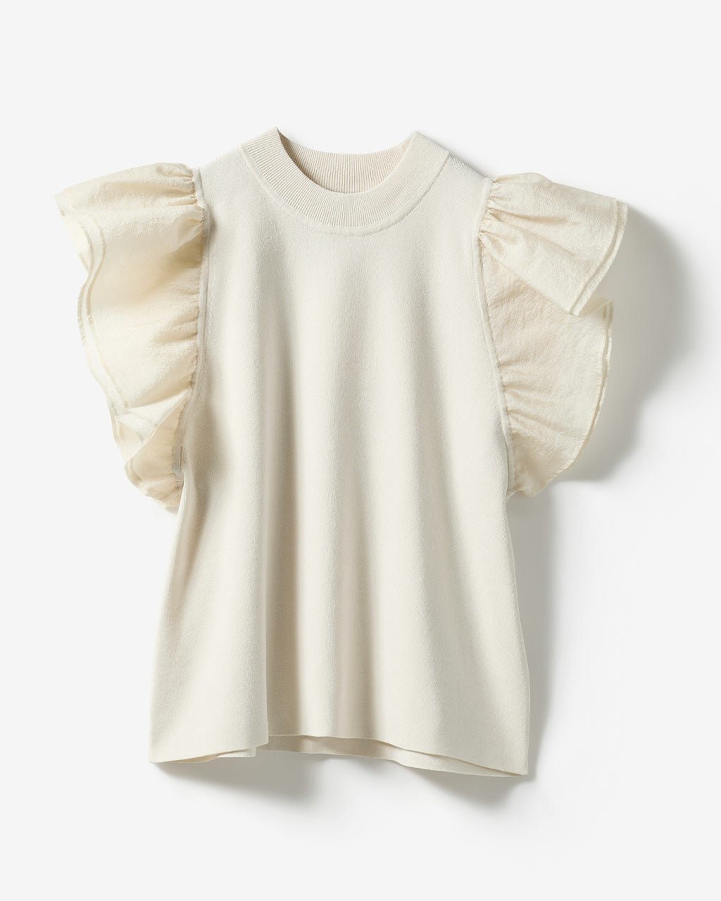 【ドゥクラッセ/DoCLASSE】の異素材使い・袖フリルニット インテリア・キッズ・メンズ・レディースファッション・服の通販 founy(ファニー) 　ファッション　Fashion　レディースファッション　Fashion for Women　トップス・カットソー　Cut & Sew Tops　ニット　Knit Tops & Sweaters　新作・新入荷　New Arrivals / New In　シアー　Sheer, See-Through　フリル　Frill, Ruffle　リネン　Linen, Linen Fabric　オフホワイト|ID: prp329100004963465 ipo3291000000037236520