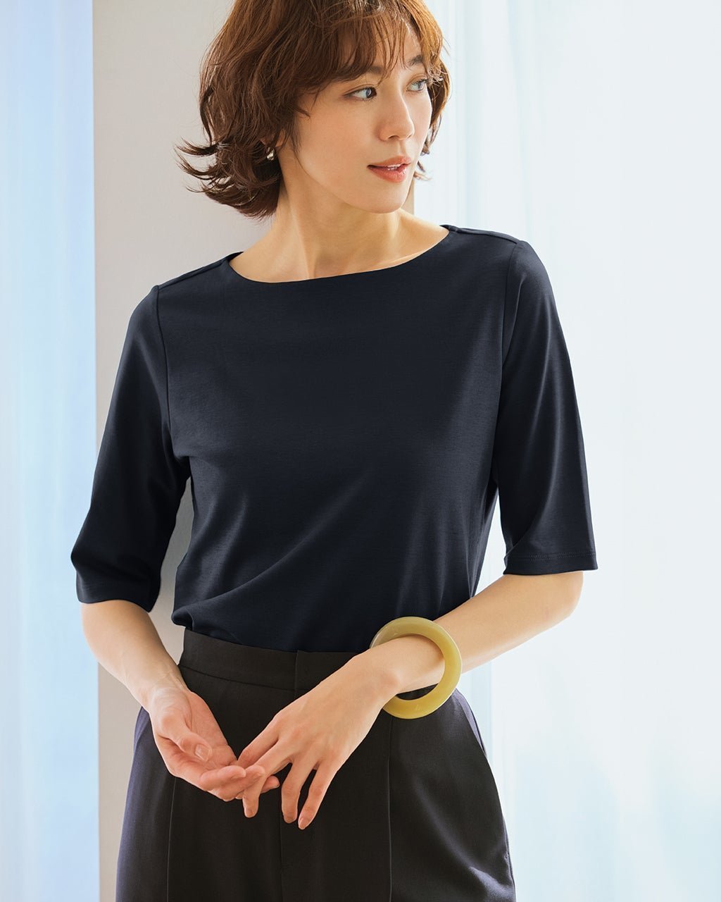 【ドゥクラッセ/DoCLASSE】のボートネック・5分袖N/スーピマ・ドゥクラッセTシャツ インテリア・キッズ・メンズ・レディースファッション・服の通販 founy(ファウニー) 　ファッション　Fashion　レディースファッション　Fashion for Women　トップス・カットソー　Cut & Sew Tops　シャツ・ブラウス・オフィスカジュアル　Elegant Blouses & Button-Ups　ロングTシャツ・Tシャツ　Longline T-Shirts & Tees　カットソー・ベーシックTシャツ　Cut-and-Sewn Tops / Stretch Tees & Basics　カットソー　Cut and Sewn Top　ショルダー　Shoulder, Shoulder Strap　シルク　Silk, 100% Silk　ジャケット　Jacket, Outerwear　スーピマ　Supima, Premium Cotton　ダブル　Double, Double-Breasted　定番　Standard, Basic Item　なめらか　Smooth, Silky Texture　人気　Popular, Best Seller　フロント　Front, Front Design　ベーシック　Basic, Essential　ラベンダー　Lavender　リラックス　Relax, Relaxed Fit　ワイド　Wide, Wide Fit　新作・新入荷　New Arrivals / New In　夏　Summer　エレガント 上品　Elegant　ビジネス 仕事 通勤　Business / Work / Commuting　ミッドナイトブルー|ID: prp329100004985546 ipo3291000000037345378