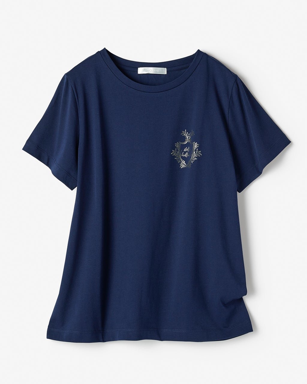 【ドゥクラッセ/DoCLASSE】のコットン混・グラフィックTシャツ インテリア・キッズ・メンズ・レディースファッション・服の通販 founy(ファウニー) 　ファッション　Fashion　レディースファッション　Fashion for Women　トップス・カットソー　Cut & Sew Tops　シャツ・ブラウス・オフィスカジュアル　Elegant Blouses & Button-Ups　ロングTシャツ・Tシャツ　Longline T-Shirts & Tees　カットソー・ベーシックTシャツ　Cut-and-Sewn Tops / Stretch Tees & Basics　新作・新入荷　New Arrivals / New In　カットソー　Cut and Sewn Top　グラフィック　Graphic, Graphic Design　プリント　Print, Printed Pattern　メタリック　Metallic, Shiny Finish　モノトーン　Monotone, Black and White　人気　Popular, Best Seller　ネイビー|ID: prp329100004985551 ipo3291000000037345408
