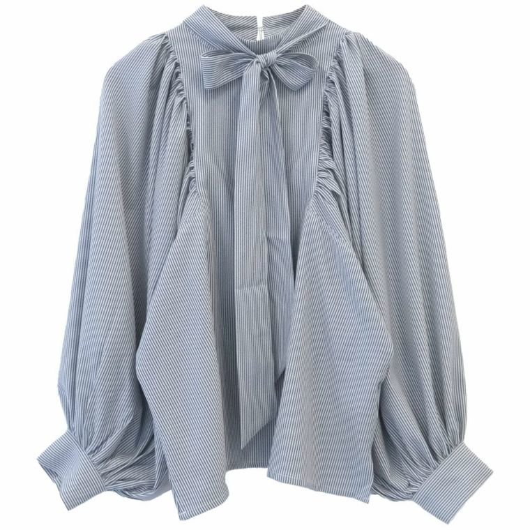 【アクアガレージ/aquagarage】のギャザースリーブボウタイブラウス インテリア・キッズ・メンズ・レディースファッション・服の通販 founy(ファニー) 　ファッション　Fashion　レディースファッション　Fashion for Women　トップス・カットソー　Cut & Sew Tops　シャツ・ブラウス・オフィスカジュアル　Elegant Blouses & Button-Ups　送料無料　Free Shipping　ギャザー　Gathered, Ruffled　プチプライス・低価格　Affordable / Budget Price　リボン　Ribbon, Bow　ストライプネイビー|ID: prp329100003785375 ipo3291000000024908504