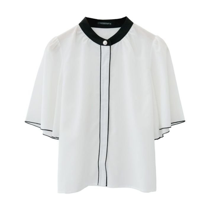 【アクアガレージ/aquagarage】のパール釦バイカラーフレア5分袖ブラウス 人気、トレンドファッション・服の通販 founy(ファニー) 　ファッション　Fashion　レディースファッション　Fashion for Women　トップス・カットソー　Cut & Sew Tops　シャツ・ブラウス・オフィスカジュアル　Elegant Blouses & Button-Ups　送料無料　Free Shipping　パール　Pearl, Pearl Accent　フレア　Flare, Flared　プチプライス・低価格　Affordable / Budget Price　エレガント 上品　Elegant　夏　Summer　春　Spring　 other-1|ID: prp329100003785622 ipo3291000000024909520