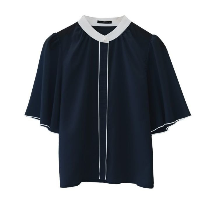 【アクアガレージ/aquagarage】のパール釦バイカラーフレア5分袖ブラウス インテリア・キッズ・メンズ・レディースファッション・服の通販 founy(ファニー) 　ファッション　Fashion　レディースファッション　Fashion for Women　トップス・カットソー　Cut & Sew Tops　シャツ・ブラウス・オフィスカジュアル　Elegant Blouses & Button-Ups　送料無料　Free Shipping　パール　Pearl, Pearl Accent　フレア　Flare, Flared　プチプライス・低価格　Affordable / Budget Price　エレガント 上品　Elegant　夏　Summer　春　Spring　ネイビー|ID: prp329100003785622 ipo3291000000024909522