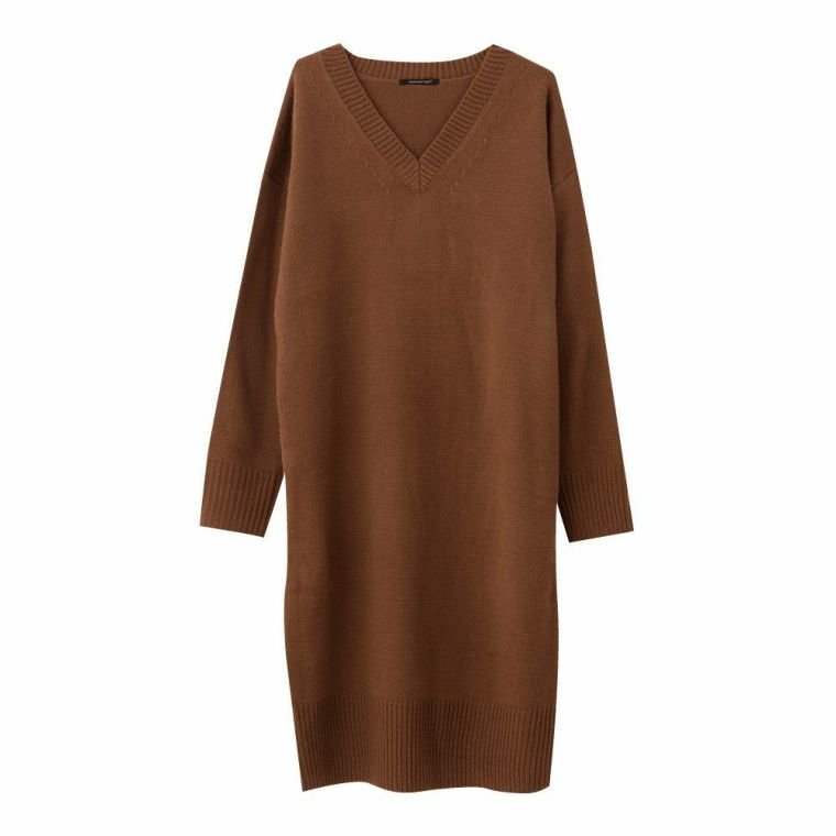 【アクアガレージ/aquagarage】のVネックニットワンピース インテリア・キッズ・メンズ・レディースファッション・服の通販 founy(ファニー) 　ファッション　Fashion　レディースファッション　WOMEN　ワンピース　Dress　ニットワンピース　Knit Dresses　送料無料　Free Shipping　プチプライス・低価格　Affordable　ベーシック　Basic　A/W・秋冬　Aw・Autumn/Winter・Fw・Fall-Winter　キャメル|ID: prp329100003785737 ipo3291000000024909982