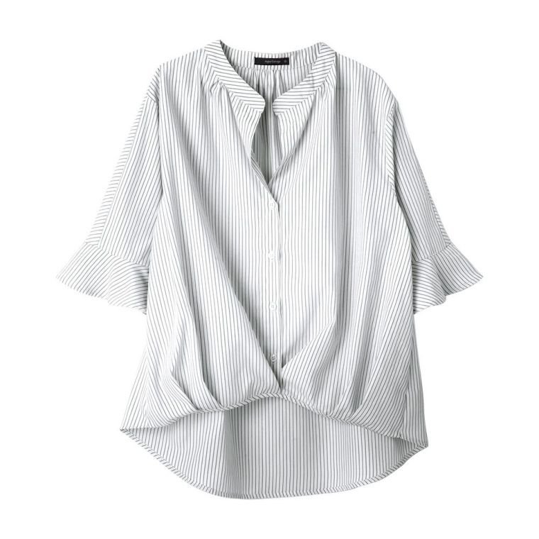 【アクアガレージ/aquagarage】のフレアスリーブスキッパーブラウス|二の腕カバー&きれいめ抜け感トップス| インテリア・キッズ・メンズ・レディースファッション・服の通販 founy(ファニー) 　ファッション　Fashion　レディースファッション　Fashion for Women　トップス・カットソー　Cut & Sew Tops　シャツ・ブラウス・オフィスカジュアル　Elegant Blouses & Button-Ups　スキッパー　Skipper, Open Collar　スリーブ　Sleeve, Long Sleeve / Short Sleeve　デニム　Denim, Jeans Material　バランス　Balance, Style Balance　フレア　Flare, Flared　送料無料　Free Shipping　プチプライス・低価格　Affordable / Budget Price　夏　Summer　エレガント 上品　Elegant　ビジネス 仕事 通勤　Business / Work / Commuting　ストライプ:ブラック|ID: prp329100003785833 ipo3291000000026161076