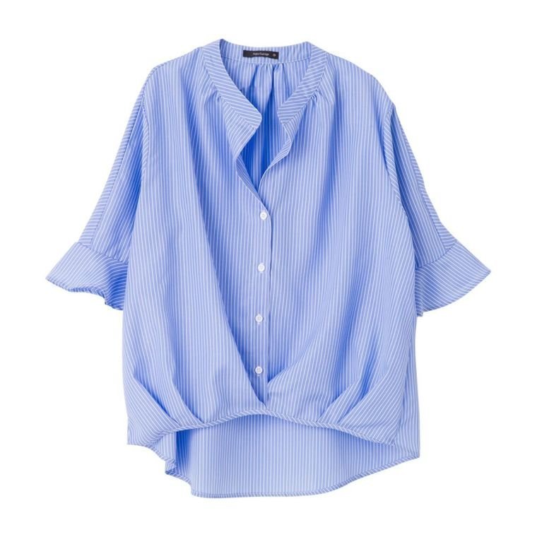 【アクアガレージ/aquagarage】のフレアスリーブスキッパーブラウス|二の腕カバー&きれいめ抜け感トップス| インテリア・キッズ・メンズ・レディースファッション・服の通販 founy(ファニー) 　ファッション　Fashion　レディースファッション　Fashion for Women　トップス・カットソー　Cut & Sew Tops　シャツ・ブラウス・オフィスカジュアル　Elegant Blouses & Button-Ups　スキッパー　Skipper, Open Collar　スリーブ　Sleeve, Long Sleeve / Short Sleeve　デニム　Denim, Jeans Material　バランス　Balance, Style Balance　フレア　Flare, Flared　送料無料　Free Shipping　プチプライス・低価格　Affordable / Budget Price　夏　Summer　エレガント 上品　Elegant　ビジネス 仕事 通勤　Business / Work / Commuting　ストライプ:ブルー|ID: prp329100003785833 ipo3291000000026161077