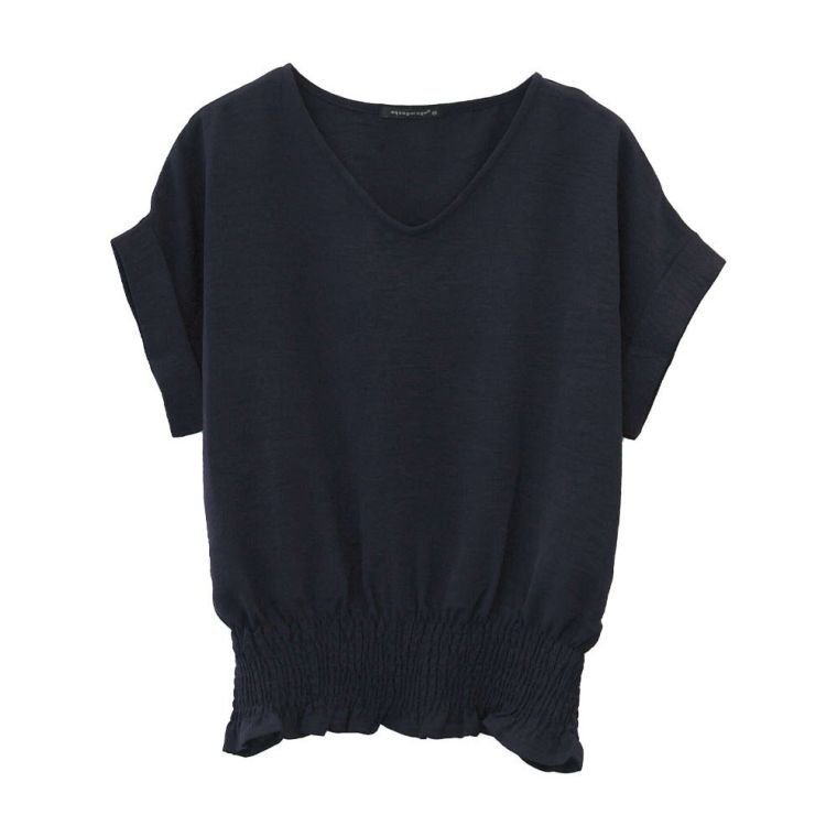 【アクアガレージ/aquagarage】のウエストシャーリングVネックブラウス|美シルエットで細見え|春夏秋のフェミニン| インテリア・キッズ・メンズ・レディースファッション・服の通販 founy(ファニー) 　ファッション　Fashion　レディースファッション　Fashion for Women　トップス・カットソー　Cut & Sew Tops　シャツ・ブラウス・オフィスカジュアル　Elegant Blouses & Button-Ups　Vネックトップス　V-Neck Tops / V-Cut Neckline Shirts　春　Spring　シャーリング　Shirring, Ruched　デコルテ　Décolleté, Neckline　デニム　Denim, Jeans Material　フェミニン　Feminine, Girly　S/S・春夏　SS, Spring/Summer, Warm Season　送料無料　Free Shipping　プチプライス・低価格　Affordable / Budget Price　夏　Summer　エレガント 上品　Elegant　ビジネス 仕事 通勤　Business / Work / Commuting　ネイビー|ID: prp329100003785980 ipo3291000000031620774