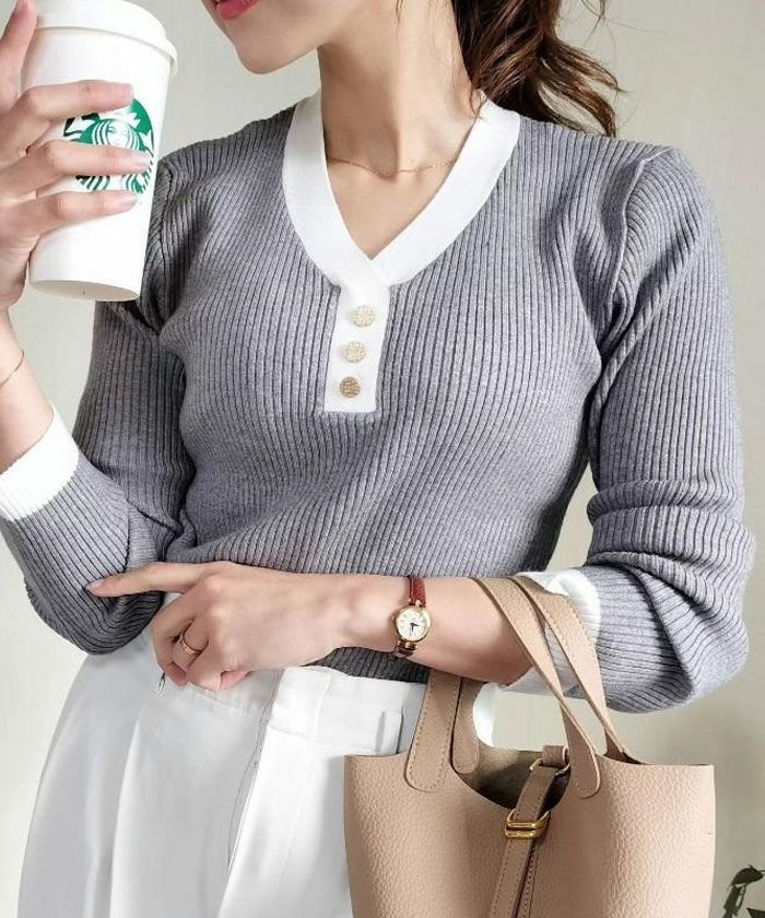 【アクアガレージ/aquagarage】のバイカラーVネックリブニット 春 人気、トレンドファッション・服の通販 founy(ファニー) ファッション Fashion レディースファッション Fashion for Women トップス・カットソー Cut & Sew Tops ニット Knit Tops & Sweaters Vネックトップス V-Neck Tops / V-Cut Neckline Shirts 送料無料 Free Shipping セーター Sweater, Knitwear フェミニン Feminine, Girly プチプライス・低価格 Affordable / Budget Price エレガント 上品 Elegant 冬 Winter / This Winter 春 Spring 秋 Autumn other-1|ID: prp329100003834189 ipo3291000000036073429