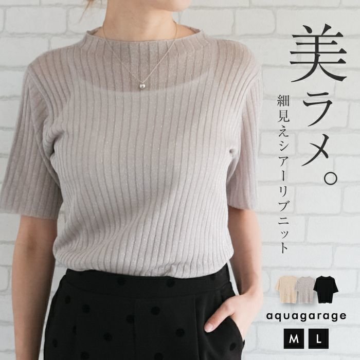 【アクアガレージ/aquagarage】のシアーラメ半袖リブニットトップス 人気、トレンドファッション・服の通販 founy(ファニー) 　ファッション　Fashion　レディースファッション　Fashion for Women　トップス・カットソー　Cut & Sew Tops　ニット　Knit Tops & Sweaters　送料無料　Free Shipping　コンパクト　Compact, Small Size　セーター　Sweater, Knitwear　トレンド　Trend, Trending Now　プチプライス・低価格　Affordable / Budget Price　エレガント 上品　Elegant　半袖　Short Sleeve, Half Sleeve　夏　Summer　春　Spring　秋　Autumn　 other-1|ID: prp329100004025535 ipo3291000000034094674