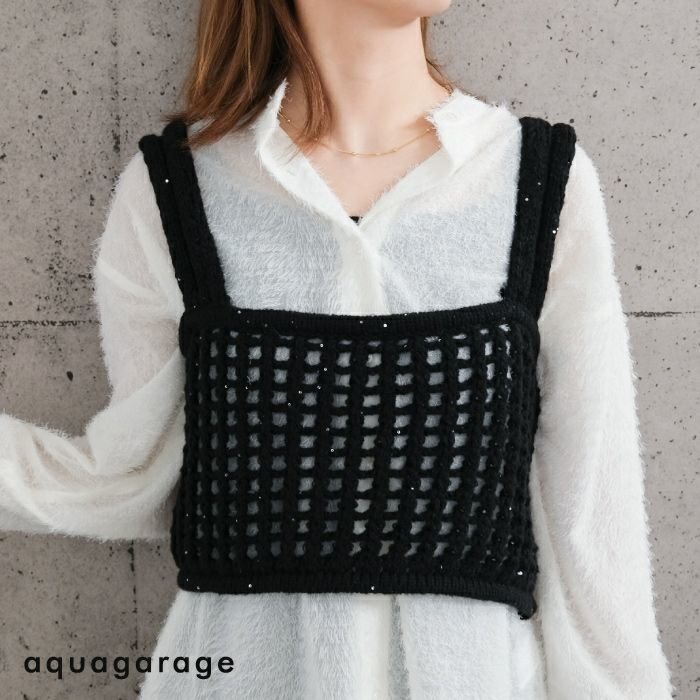 【アクアガレージ/aquagarage】のメッシュ編みニットビスチェ 人気、トレンドファッション・服の通販 founy(ファニー) ファッション Fashion レディースファッション Fashion for Women トップス・カットソー Cut & Sew Tops ニット Knit Tops & Sweaters ビスチェ Bustiers & Corset Tops / Layered Bustier Style 送料無料 Free Shipping ショート Short, Short Length スパンコール Sequins, Sequin Embellishment バランス Balance, Style Balance プチプライス・低価格 Affordable / Budget Price メッシュ Mesh, Net Fabric 夏 Summer 春 Spring 秋 Autumn other-1|ID: prp329100004125728 ipo3291000000034106386