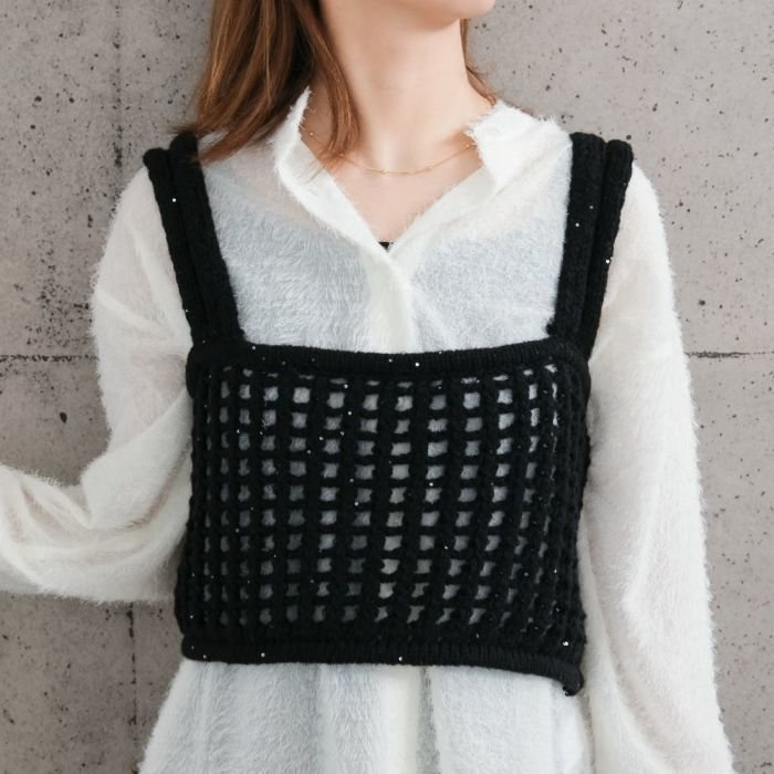 【アクアガレージ/aquagarage】のメッシュ編みニットビスチェ 人気、トレンドファッション・服の通販 founy(ファニー) 　ファッション　Fashion　レディースファッション　Fashion for Women　トップス・カットソー　Cut & Sew Tops　ニット　Knit Tops & Sweaters　ビスチェ　Bustiers & Corset Tops / Layered Bustier Style　送料無料　Free Shipping　ショート　Short, Short Length　スパンコール　Sequins, Sequin Embellishment　バランス　Balance, Style Balance　プチプライス・低価格　Affordable / Budget Price　メッシュ　Mesh, Net Fabric　夏　Summer　春　Spring　秋　Autumn　 other-1|ID: prp329100004125728 ipo3291000000035708646