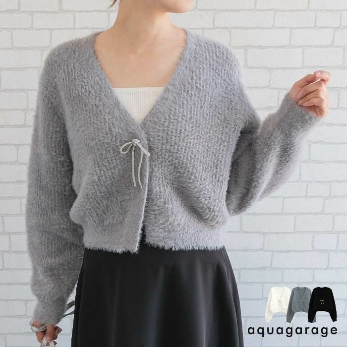【アクアガレージ/aquagarage】の【最終値下げ価格】ミンクフェザービジューリボンカーディガン 春 人気、トレンドファッション・服の通販 founy(ファニー) 　ファッション　Fashion　レディースファッション　Fashion for Women　トップス・カットソー　Cut & Sew Tops　カーディガン・羽織り　Layered Style Cardigans　カーディガン　Cardigan, Knitwear　ショート　Short, Short Length　ビジュー　Bijou, Jewel-like Accent　フェザー　Feather, Feather Detail　フロント　Front, Front Design　プチプライス・低価格　Affordable / Budget Price　リボン　Ribbon, Bow　冬　Winter / This Winter　春　Spring　秋　Autumn　 other-1|ID: prp329100004216620 ipo3291000000034105813