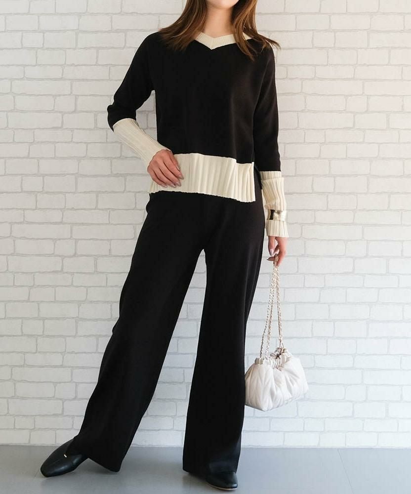 【アクアガレージ/aquagarage】の配色ニットセットアップ 人気、トレンドファッション・服の通販 founy(ファニー) 　ファッション　Fashion　レディースファッション　Fashion for Women　トップス・カットソー　Cut & Sew Tops　ニット　Knit Tops & Sweaters　セットアップ　Matching Sets　レディーストップス・ブラウス　Tops & Blouses / Assorted Women's Tops　送料無料　Free Shipping　エレガント 上品　Elegant　セットアップ　Set-Up, Coordinated Outfit　セーター　Sweater, Knitwear　プチプライス・低価格　Affordable / Budget Price　モノトーン　Monotone, Black and White　 other-1|ID: prp329100004347432 ipo3291000000035808502