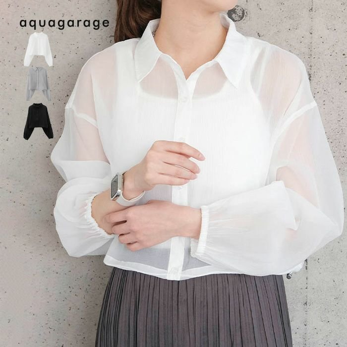 【アクアガレージ/aquagarage】の裾ドロストシアーシャツ 人気、トレンドファッション・服の通販 founy(ファニー) 　ファッション　Fashion　レディースファッション　Fashion for Women　アウター　Coat / Outerwear Collection　トップス・カットソー　Cut & Sew Tops　シャツ・ブラウス・オフィスカジュアル　Elegant Blouses & Button-Ups　送料無料　Free Shipping　シアー　Sheer, See-Through　プチプライス・低価格　Affordable / Budget Price　エレガント 上品　Elegant　 other-1|ID: prp329100004475735 ipo3291000000034093675