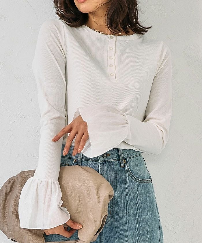 【アクアガレージ/aquagarage】のフライスリブ袖口フリルヘンリーネックトップス 春 人気、トレンドファッション・服の通販 founy(ファニー) 　ファッション　Fashion　レディースファッション　Fashion for Women　トップス・カットソー　Cut & Sew Tops　シャツ・ブラウス・オフィスカジュアル　Elegant Blouses & Button-Ups　ロングTシャツ・Tシャツ　Longline T-Shirts & Tees　カットソー・ベーシックTシャツ　Cut-and-Sewn Tops / Stretch Tees & Basics　送料無料　Free Shipping　カットソー　Cut and Sewn Top　プチプライス・低価格　Affordable / Budget Price　冬　Winter / This Winter　春　Spring　秋　Autumn　 other-1|ID: prp329100004887920 ipo3291000000036500793
