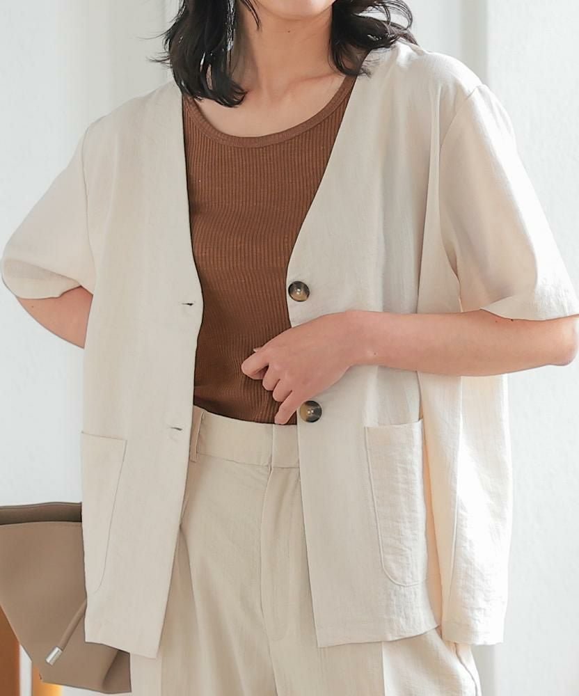 【アクアガレージ/aquagarage】のノーカラー半袖ジャケット 大人の最旬トレンドファッション＆コーディネート founy(ファウニー) 　ファッション　Fashion　レディースファッション　Fashion for Women　アウター　Coat / Outerwear Collection　レディースジャケット・軽アウター　Jackets　インナー　Innerwear　春　Spring　秋　Autumn　シンプル　Simple, Minimal　ジャケット　Jacket, Outerwear　セットアップ　Set-Up, Coordinated Outfit　フォーマル　Formal, Dressy　フロント　Front, Front Design　ポケット　Pocket, Pocket Detail　半袖　Short Sleeve, Half Sleeve　送料無料　Free Shipping　プチプライス・低価格　Affordable / Budget Price　夏　Summer　エレガント 上品　Elegant　 other-1|ID: prp329100004966252 ipo3291000000037255861
