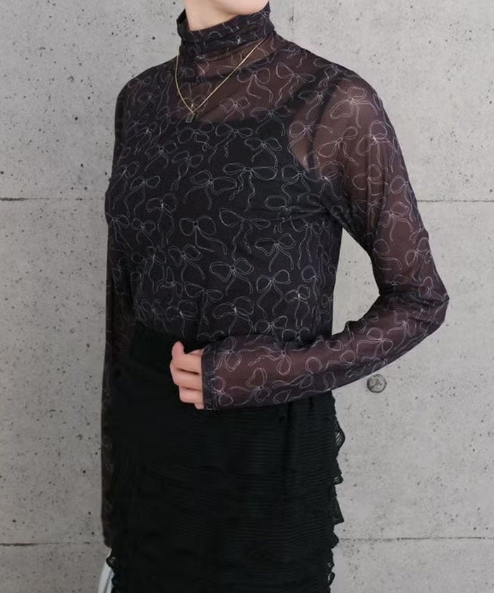 【アクアガレージ/aquagarage】のリボン柄シアートップス 大人の最旬トレンドファッション＆コーディネート founy(ファウニー) 　ファッション　Fashion　レディースファッション　Fashion for Women　トップス・カットソー　Cut & Sew Tops　送料無料　Free Shipping　インナー　Innerwear　デニム　Denim, Jeans Material　バランス　Balance, Style Balance　プチプライス・低価格　Affordable / Budget Price　プリント　Print, Printed Pattern　ボトム　Bottoms, Lower Wear　リボン　Ribbon, Bow　夏　Summer　春　Spring　秋　Autumn　 other-1|ID: prp329100004966643 ipo3291000000037256873