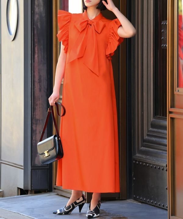 【エルフランク/ELFRANK】のボウタイリボン袖フリルロングワンピース インテリア・キッズ・メンズ・レディースファッション・服の通販 founy(ファニー) 　ファッション　Fashion　レディースファッション　WOMEN　ワンピース　Dress　NEW・新作・新着・新入荷　New Arrivals　オレンジ　Orange　クラシック　Classic　スリーブ　Sleeve　トレンド　Trend　フリル　Frills　ブロード　Broad　プチプライス・低価格　Affordable　ボウタイ　Bow Tie　リボン　Ribbon　ロング　Long　洗える　Washable　オレンジ|ID: prp329100003801156 ipo3291000000024996425