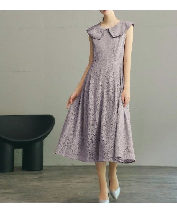 【ミュー/La mieux】のビッグカラーレースハイウエストフレアミモレ丈結婚式ワンピースドレス インテリア・キッズ・メンズ・レディースファッション・服の通販 founy(ファニー) 　ファッション　Fashion　レディースファッション　Fashion for Women　ワンピース　Dresses　フォーマル・パーティードレス・結婚式用ドレス　Elegant & Casual Dresses　エレガント 上品　Elegant　春　Spring　カーディガン　Cardigan, Knitwear　切替　Switching, Contrast Panel　タフタ　Taffeta, Structured Fabric　ドレス　Dress, One-Piece　フラワー　Flower, Floral　フロント　Front, Front Design　モチーフ　Motif, Design Theme　無地　Plain, Solid Color　レース　Lace, Lace Fabric　新作・新入荷　New Arrivals / New In　プチプライス・低価格　Affordable / Budget Price　結婚式　Wedding　二次会　After Party　ブルーグレー|ID: prp329100003801223 ipo3291000000024996650