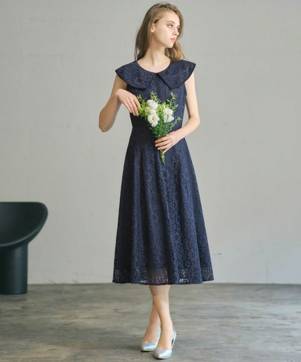 【ミュー/La mieux】のビッグカラーレースハイウエストフレアミモレ丈結婚式ワンピースドレス インテリア・キッズ・メンズ・レディースファッション・服の通販 founy(ファニー) 　ファッション　Fashion　レディースファッション　Fashion for Women　ワンピース　Dresses　フォーマル・パーティードレス・結婚式用ドレス　Elegant & Casual Dresses　エレガント 上品　Elegant　春　Spring　カーディガン　Cardigan, Knitwear　切替　Switching, Contrast Panel　タフタ　Taffeta, Structured Fabric　ドレス　Dress, One-Piece　フラワー　Flower, Floral　フロント　Front, Front Design　モチーフ　Motif, Design Theme　無地　Plain, Solid Color　レース　Lace, Lace Fabric　新作・新入荷　New Arrivals / New In　プチプライス・低価格　Affordable / Budget Price　結婚式　Wedding　二次会　After Party　ネイビー|ID: prp329100003801223 ipo3291000000024996651