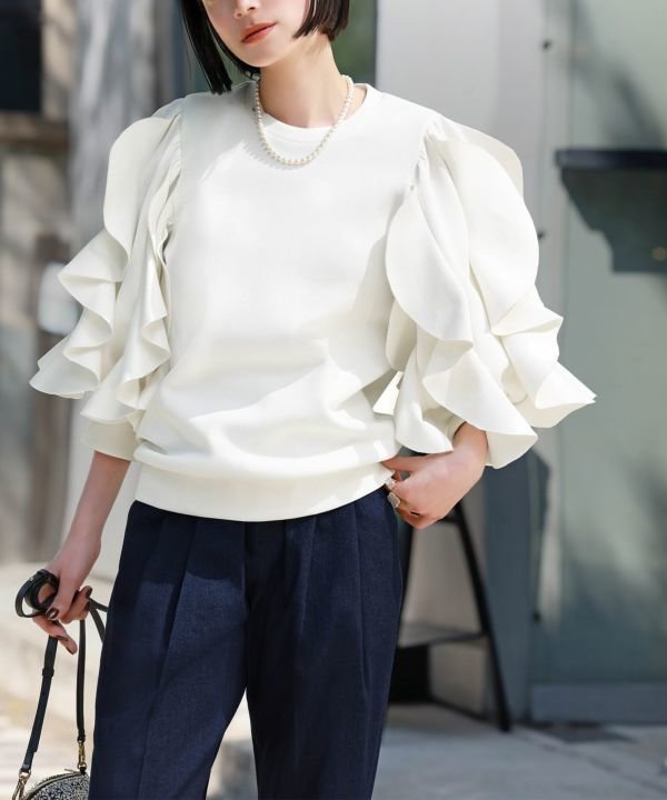 【エルフランク/ELFRANK】のダンボールニットラッフルスリーブプルオーバー Washable インテリア・キッズ・メンズ・レディースファッション・服の通販 founy(ファニー) 　ファッション　Fashion　レディースファッション　Fashion for Women　トップス・カットソー　Cut & Sew Tops　ニット　Knit Tops & Sweaters　カジュアルプルオーバー・ニットトップス　Pullovers & Knit Tops / Casual Pullovers　新作・新入荷　New Arrivals / New In　おすすめ　Recommended / Our Picks　バランス　Balance, Style Balance　プチプライス・低価格　Affordable / Budget Price　ラッフル　Ruffle, Frill　リラックス　Relax, Relaxed Fit　オフホワイト|ID: prp329100003801909 ipo3291000000024999504