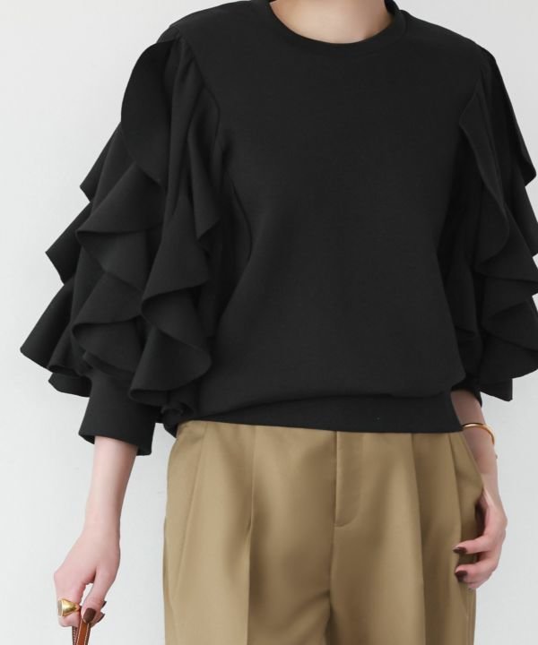 【エルフランク/ELFRANK】のダンボールニットラッフルスリーブプルオーバー Washable インテリア・キッズ・メンズ・レディースファッション・服の通販 founy(ファニー) 　ファッション　Fashion　レディースファッション　Fashion for Women　トップス・カットソー　Cut & Sew Tops　ニット　Knit Tops & Sweaters　カジュアルプルオーバー・ニットトップス　Pullovers & Knit Tops / Casual Pullovers　新作・新入荷　New Arrivals / New In　おすすめ　Recommended / Our Picks　バランス　Balance, Style Balance　プチプライス・低価格　Affordable / Budget Price　ラッフル　Ruffle, Frill　リラックス　Relax, Relaxed Fit　ブラック|ID: prp329100003801909 ipo3291000000024999506