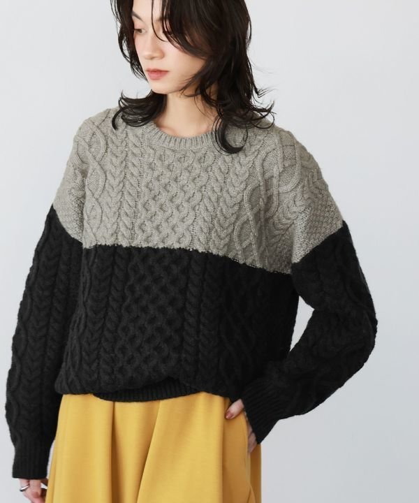 【エルフランク/ELFRANK】のバイカラーケーブルニットプルオーバー インテリア・キッズ・メンズ・レディースファッション・服の通販 founy(ファニー) 　ファッション　Fashion　レディースファッション　Fashion for Women　トップス・カットソー　Cut & Sew Tops　ニット　Knit Tops & Sweaters　カジュアルプルオーバー・ニットトップス　Pullovers & Knit Tops / Casual Pullovers　新作・新入荷　New Arrivals / New In　クラシック　Classic, Timeless Style　フレア　Flare, Flared　プチプライス・低価格　Affordable / Budget Price　ミドル　Middle Length, Mid Height　ワイド　Wide, Wide Fit　A/W・秋冬　Autumn/Winter　グレーブラック|ID: prp329100003801924 ipo3291000000024999565