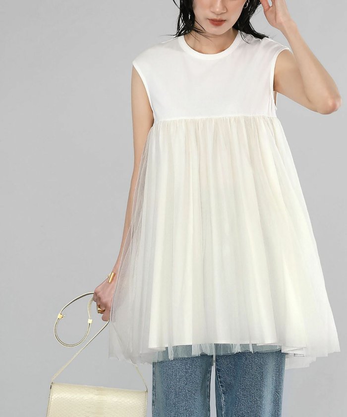 【エルフランク/ELFRANK】のチュールドッキングフレアトップス Washable インテリア・キッズ・メンズ・レディースファッション・服の通販 founy(ファニー) https://founy.com/ ファッション Fashion レディースファッション Fashion for Women トップス・カットソー Cut & Sew Tops 新作・新入荷 New Arrivals / New In プチプライス・低価格 Affordable / Budget Price |ID: prp329100003981236 ipo3291000000036170046