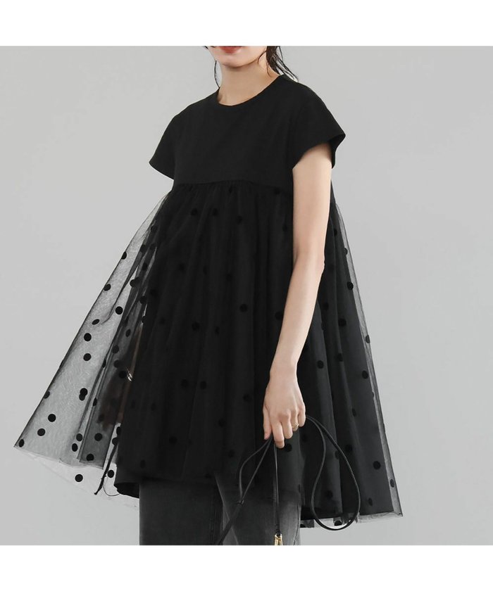 【エルフランク/ELFRANK】のドットチュールドッキングフレアトップス インテリア・キッズ・メンズ・レディースファッション・服の通販 founy(ファニー) https://founy.com/ ファッション Fashion レディースファッション Fashion for Women トップス・カットソー Cut & Sew Tops 新作・新入荷 New Arrivals / New In プチプライス・低価格 Affordable / Budget Price |ID: prp329100003981239 ipo3291000000036170064