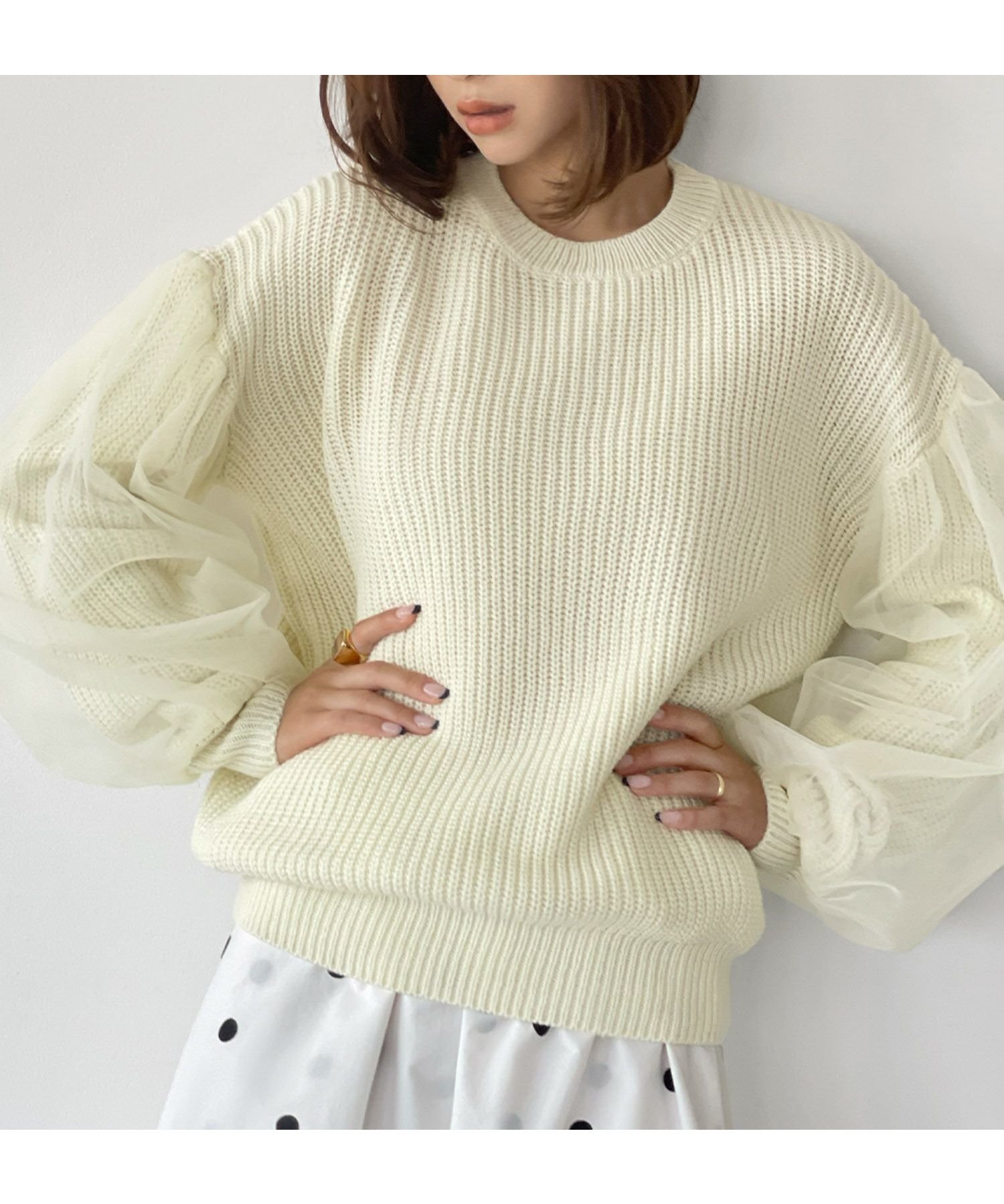 【エルフランク/ELFRANK】のチュールスリーブニットプルオーバー 人気、トレンドファッション・服の通販 founy(ファニー) 　ファッション　Fashion　レディースファッション　WOMEN　トップス・カットソー　Tops/Tshirt　ニット　Knit Tops　プルオーバー　Pullover　NEW・新作・新着・新入荷　New Arrivals　ショルダー　Shoulder　シンプル　Simple　チュール　Tulle　デコルテ　Decolletage　トレンド　Trend　ドロップ　Drop　プチプライス・低価格　Affordable　ボトム　Bottom　 other-1|ID: prp329100004115637 ipo3291000000029949128
