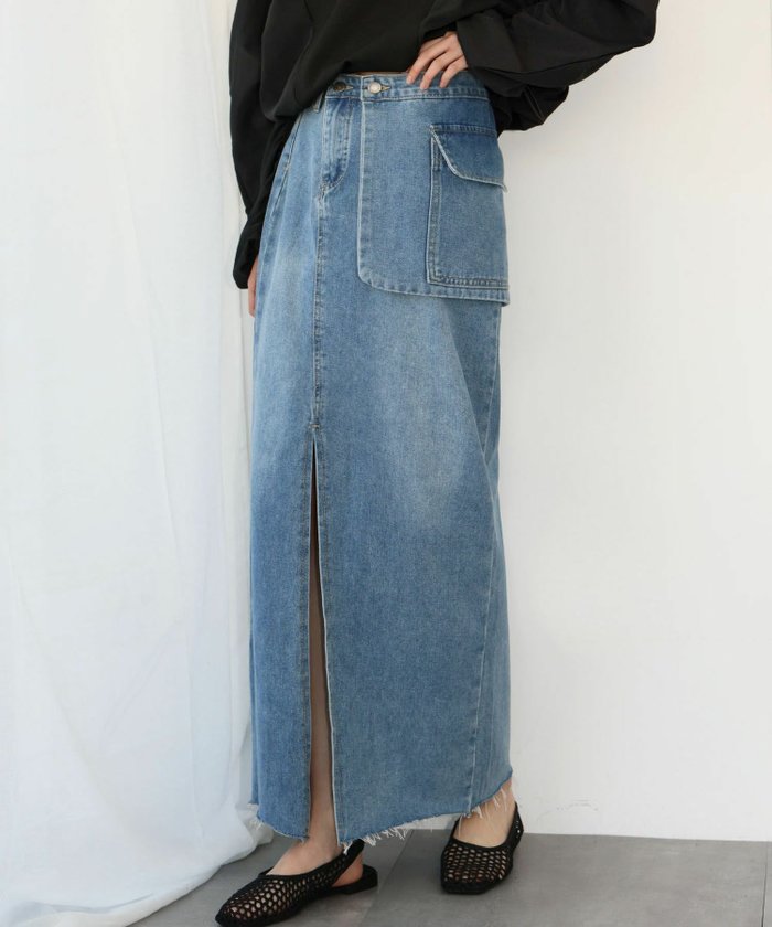 【アンピルーラ/Ampirula】の【綿100%使用】自宅で洗えるデニムセンタースリットサイドポケットロング丈スカート インテリア・キッズ・メンズ・レディースファッション・服の通販 founy(ファニー) https://founy.com/ ファッション Fashion レディースファッション Fashion for Women スカート Skirts 新作・新入荷 New Arrivals / New In プチプライス・低価格 Affordable / Budget Price 洗える Machine Washable |ID: prp329100004347443 ipo3291000000035900864