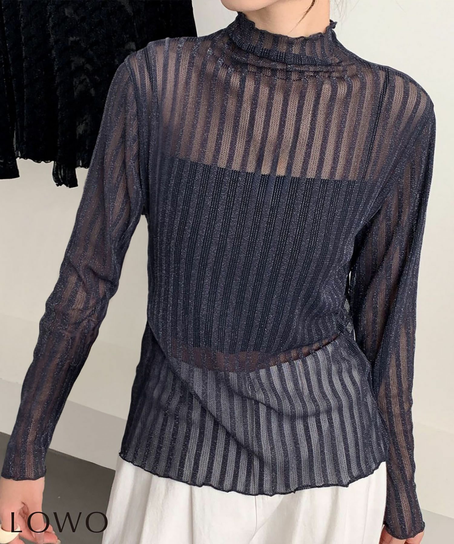 【ロワ/LOWO】のシアーハイネックストライプカットソー 人気、トレンドファッション・服の通販 founy(ファニー) 　ファッション　Fashion　レディースファッション　Fashion for Women　トップス・カットソー　Cut & Sew Tops　カットソー・ベーシックTシャツ　Cut-and-Sewn Tops / Stretch Tees & Basics　新作・新入荷　New Arrivals / New In　プチプライス・低価格　Affordable / Budget Price　 other-1|ID: prp329100004776929 ipo3291000000034630789