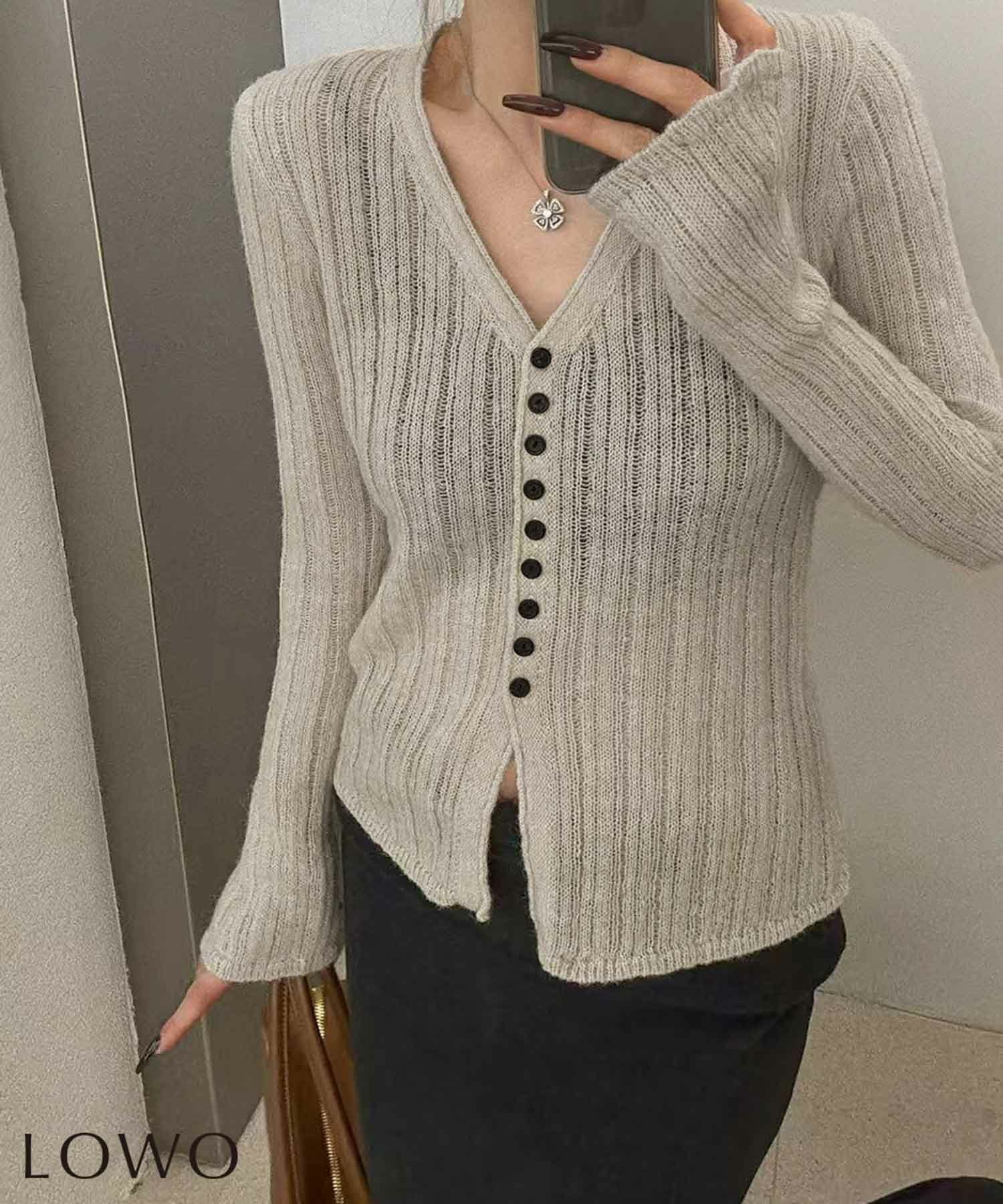 【ロワ/LOWO】のシアーリブVネックボタンニットトップス 人気、トレンドファッション・服の通販 founy(ファニー) 　ファッション　Fashion　レディースファッション　Fashion for Women　トップス・カットソー　Cut & Sew Tops　ニット　Knit Tops & Sweaters　Vネックトップス　V-Neck Tops / V-Cut Neckline Shirts　新作・新入荷　New Arrivals / New In　プチプライス・低価格　Affordable / Budget Price　 other-1|ID: prp329100004850111 ipo3291000000035536609